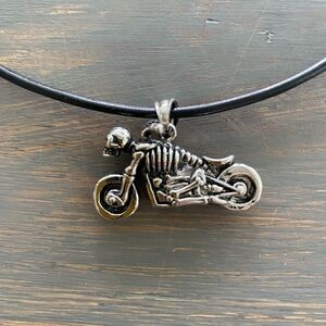 Stainless Motorcycle Skull Rider Pendant Black Leather Necklace